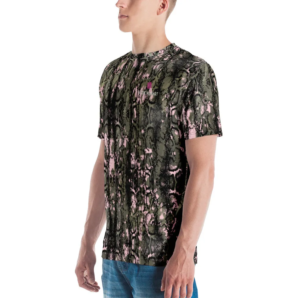 Snake Print Designer Men's T-Shirt, Dark Green Pink Snake Skin Python Printed Regular Fit Tees For Men