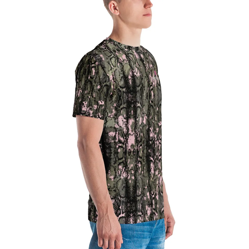 Snake Print Designer Men's T-Shirt, Dark Green Pink Snake Skin Python Printed Regular Fit Tees For Men