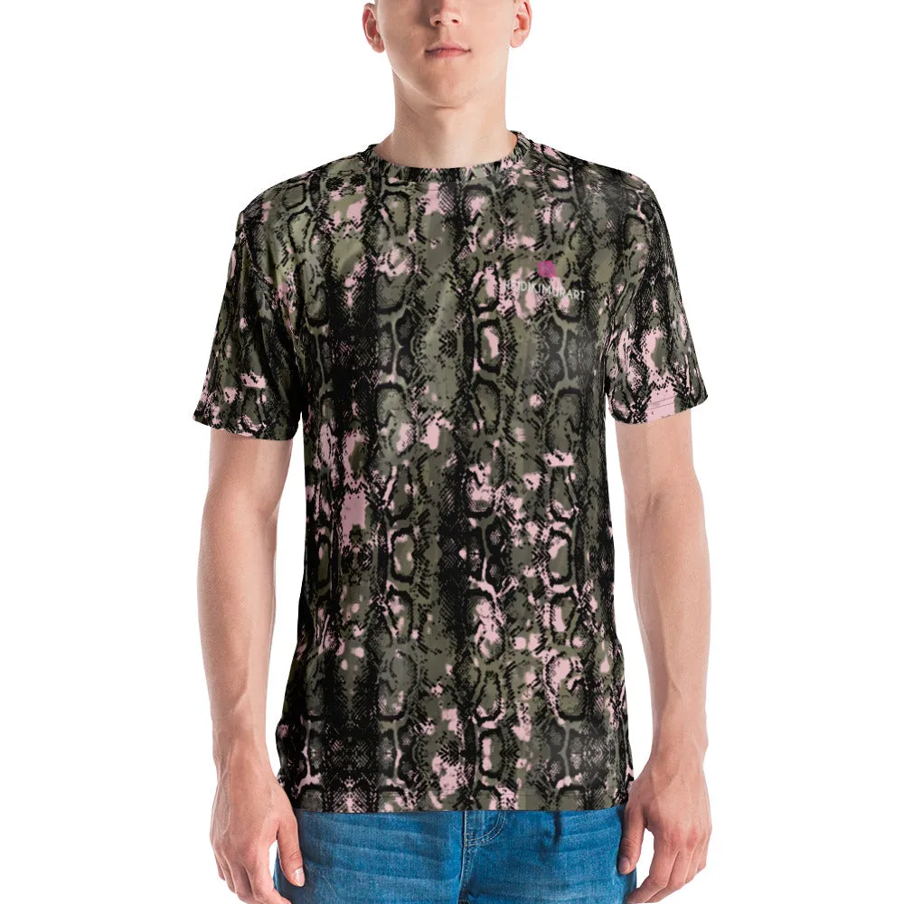 Snake Print Designer Men's T-Shirt, Dark Green Pink Snake Skin Python Printed Regular Fit Tees For Men