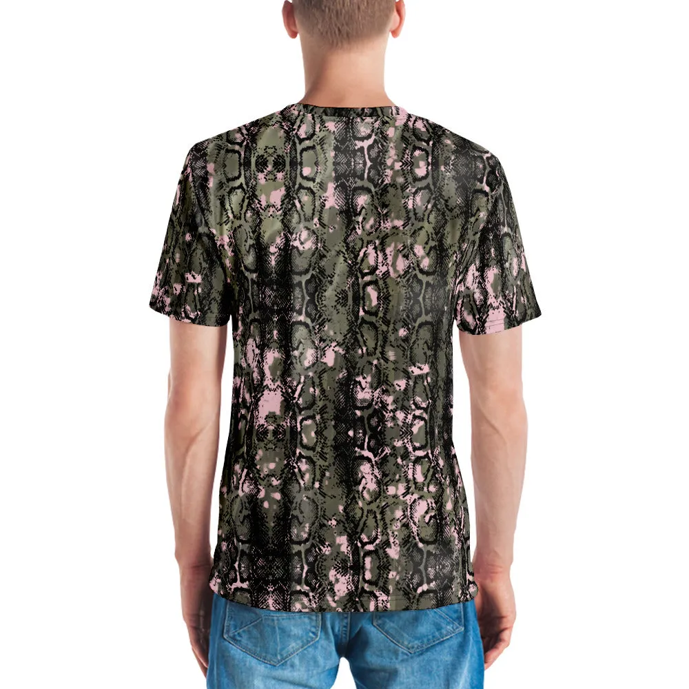 Snake Print Designer Men's T-Shirt, Dark Green Pink Snake Skin Python Printed Regular Fit Tees For Men