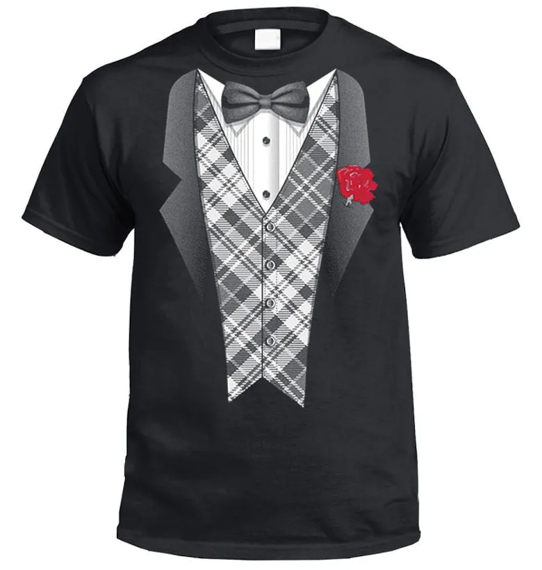 Tuxedo with Tartan Vest & Red Rose Adults T-Shirt (Black)