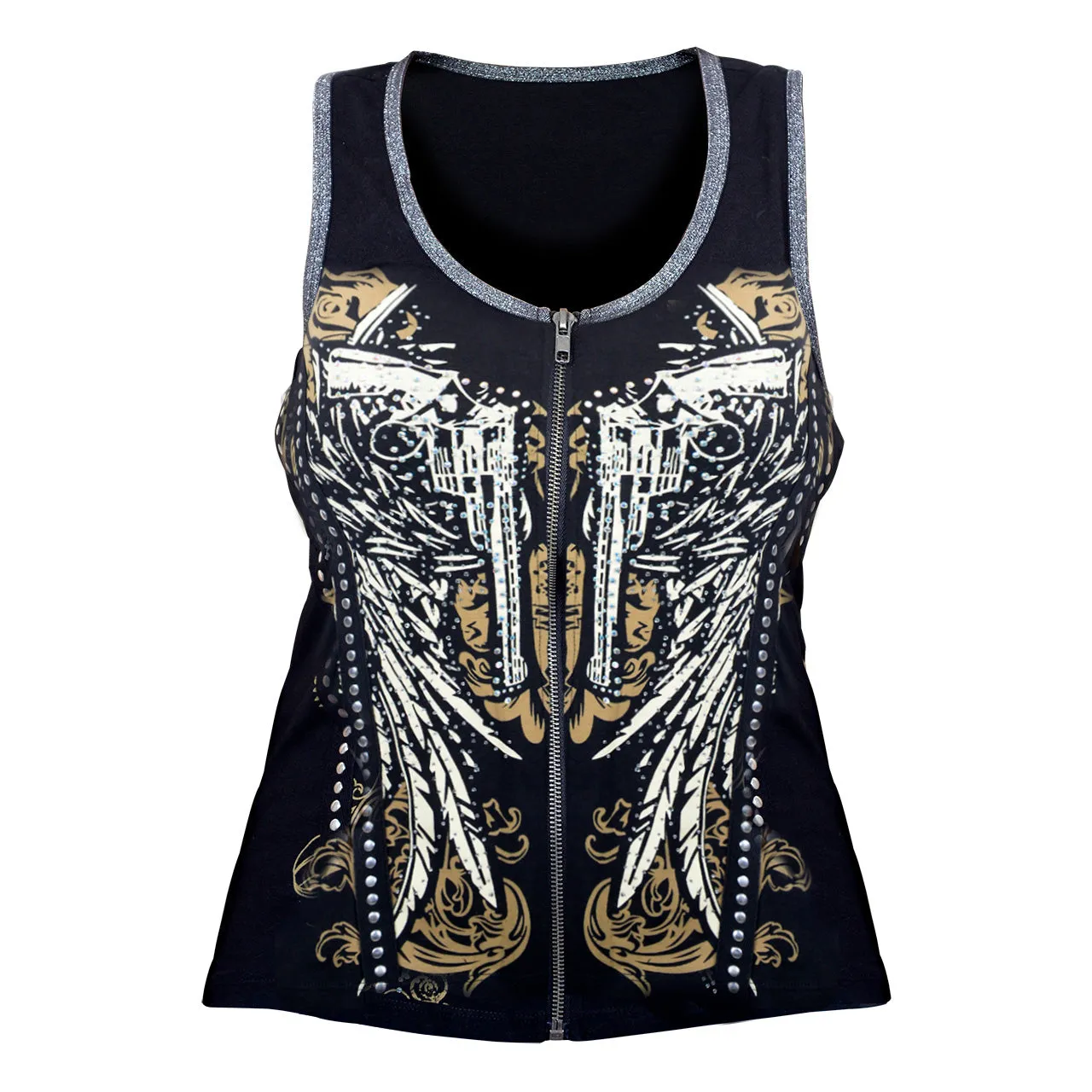 VB017 / VB117 Guns - Ladies Wings and Guns Black Tank Top with Zipper and Studs