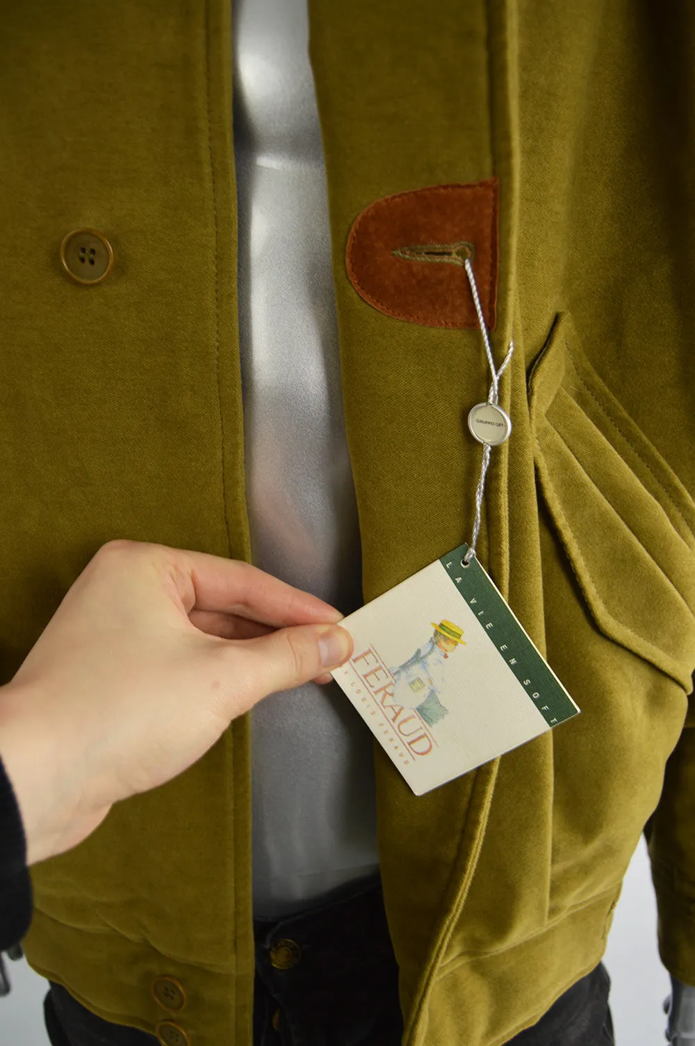 Vintage Olive Yellow Moleskin & Suede Bomber Jacket, 1980s