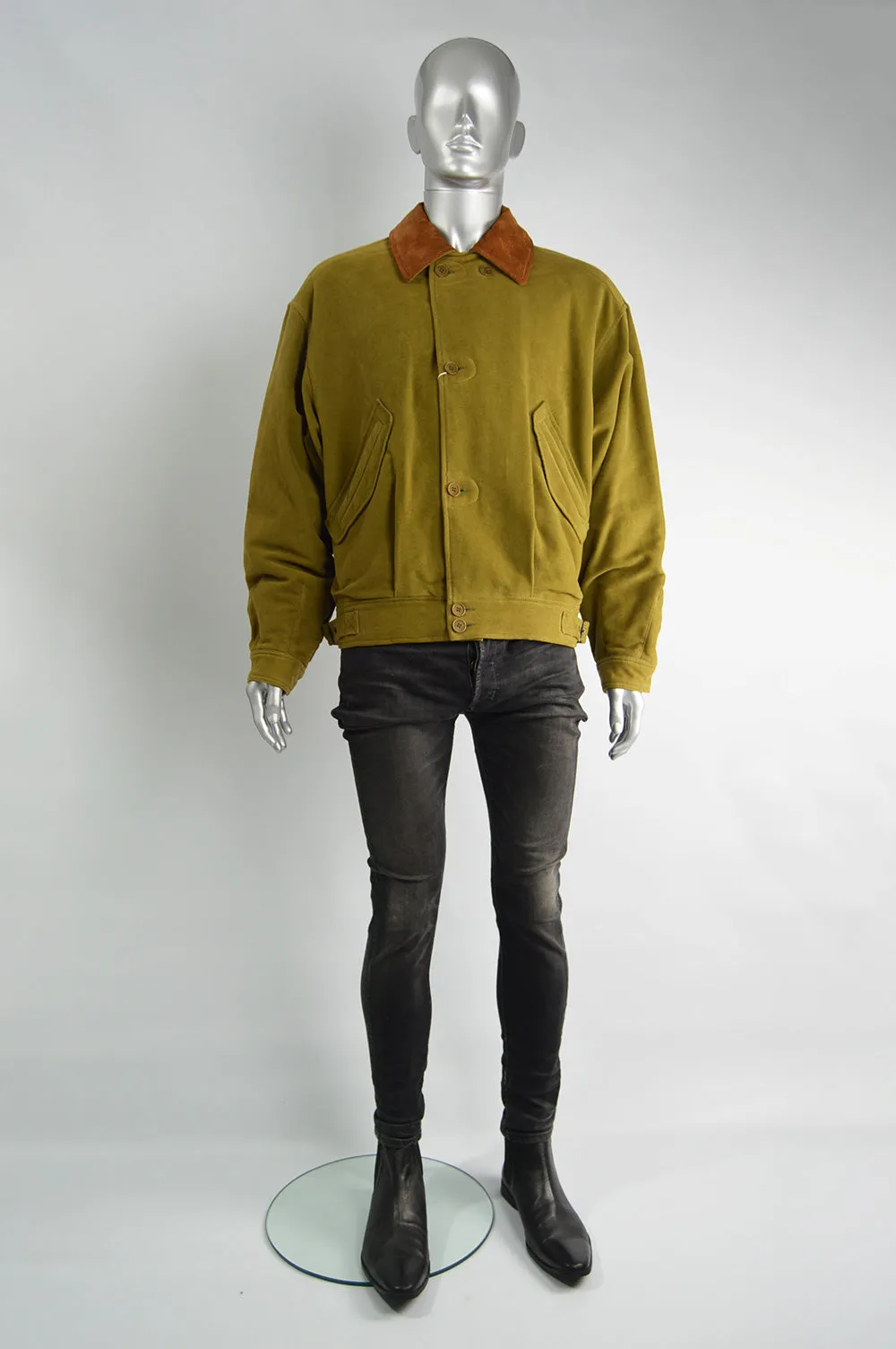 Vintage Olive Yellow Moleskin & Suede Bomber Jacket, 1980s