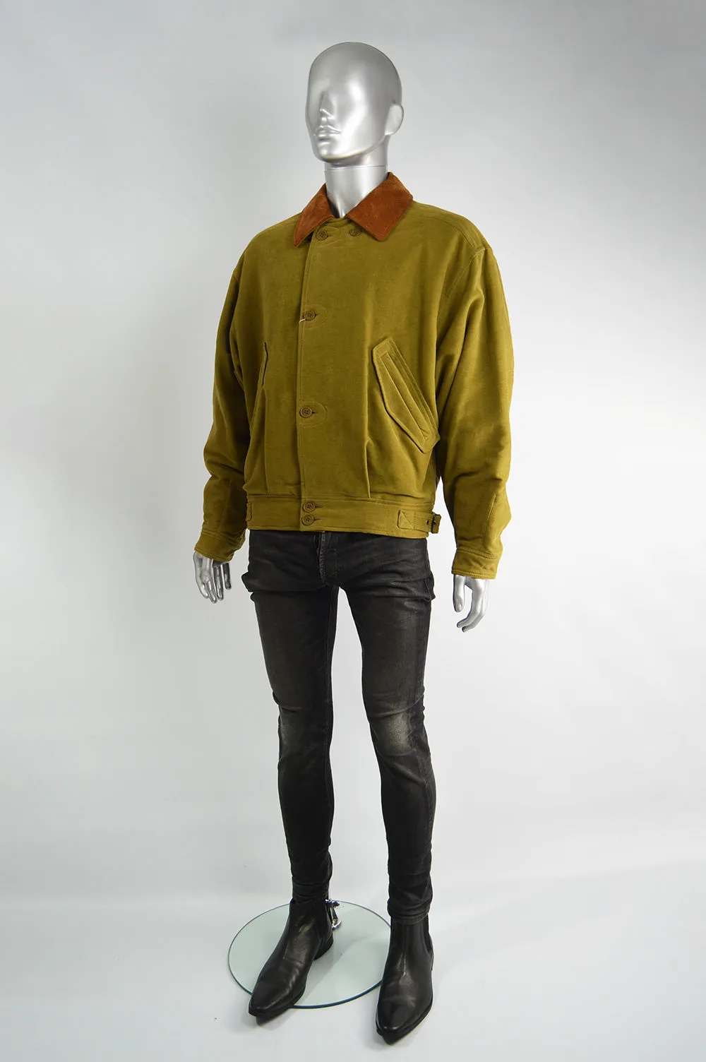 Vintage Olive Yellow Moleskin & Suede Bomber Jacket, 1980s