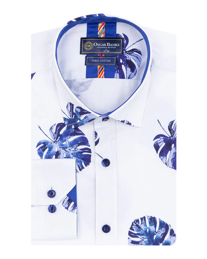 White Blue Leaf Print Shirt with Matching Handkerchief