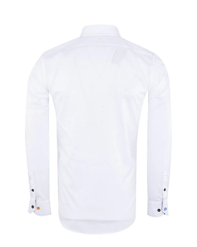 White Plain Panel Colourful Print Collar Tip Pure Cotton Shirt