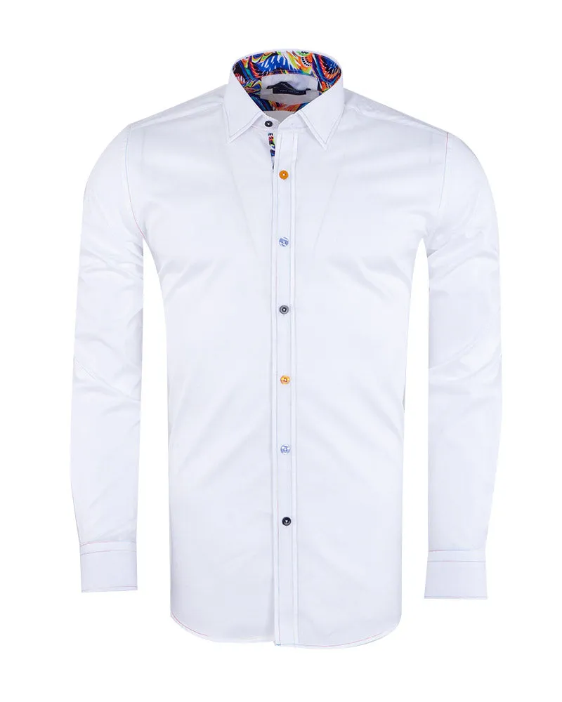 White Plain Panel Colourful Print Collar Tip Pure Cotton Shirt