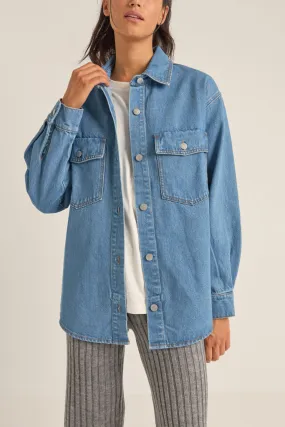 Women's Oversized Denim Shacket - Washed Blue